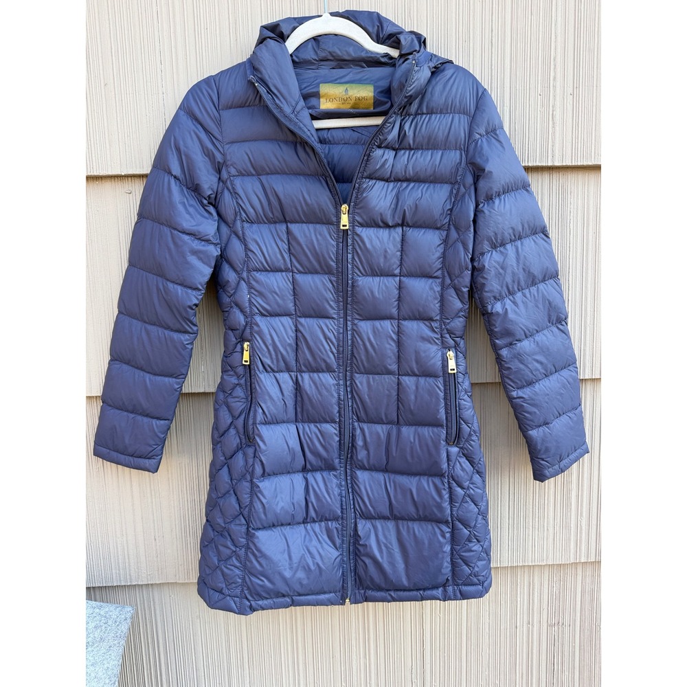 London Fog Packable Down Fill Long Puffer Jacket Coat XS Navy Blue Hooded Parka